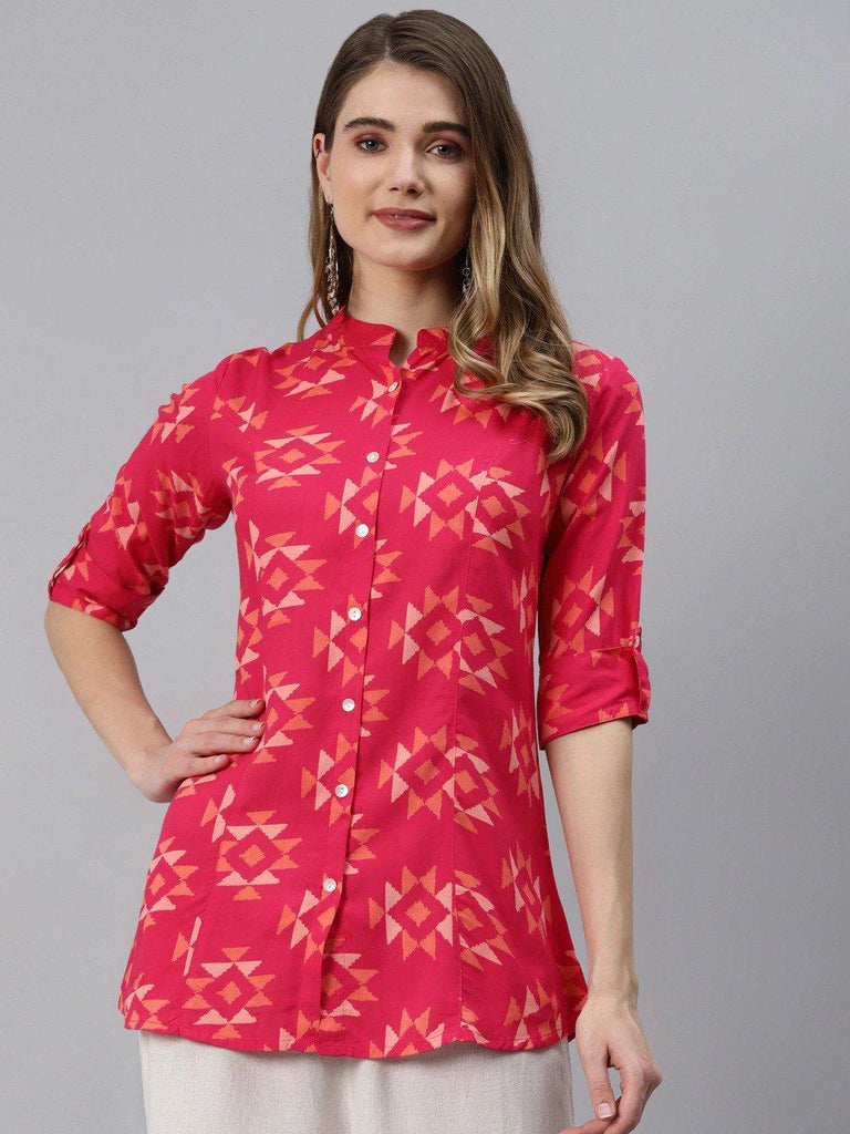 Women's Pink Geometric Print Rayon Shirt Style Top