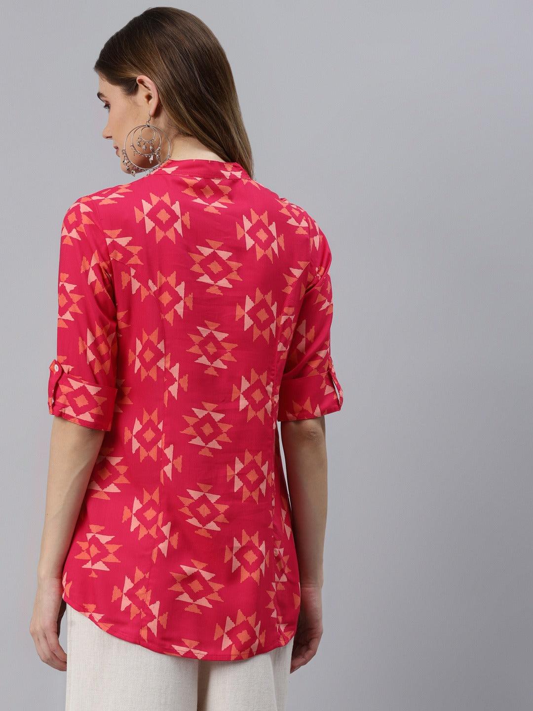 Women's Pink Geometric Print Rayon Shirt Style Top - Taantav