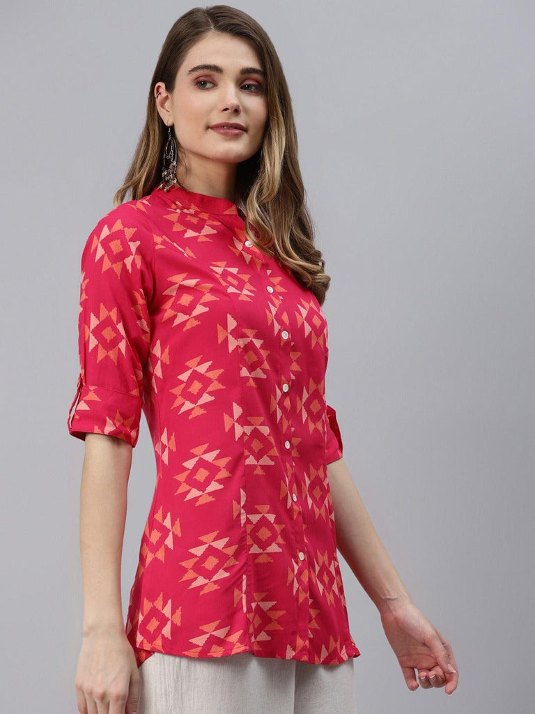 Women's Pink Geometric Print Rayon Shirt Style Top