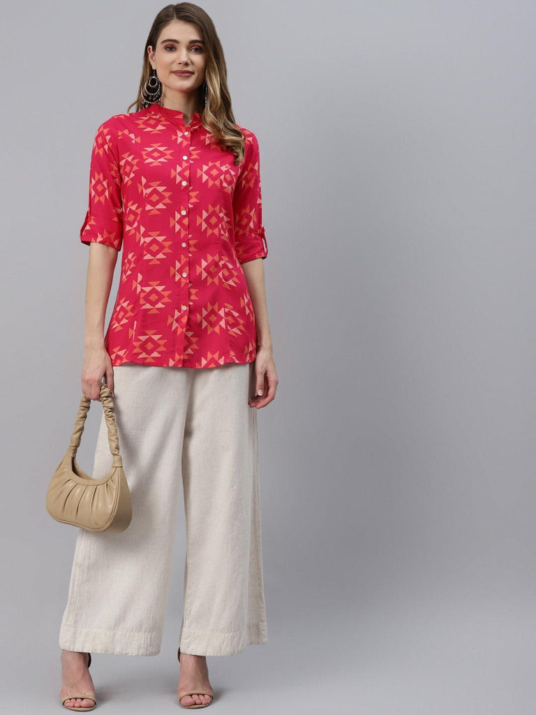 Women's Pink Geometric Print Rayon Shirt Style Top