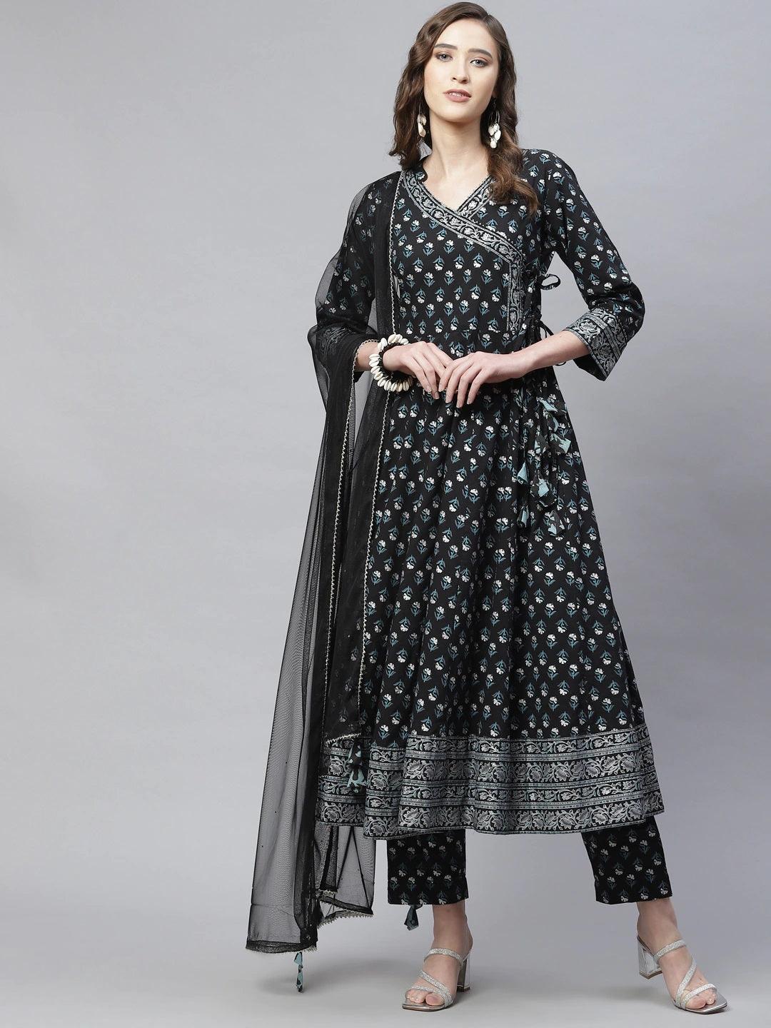 Women's Black Anarkali Kurta Pant set with Net Dupatta - Taantav