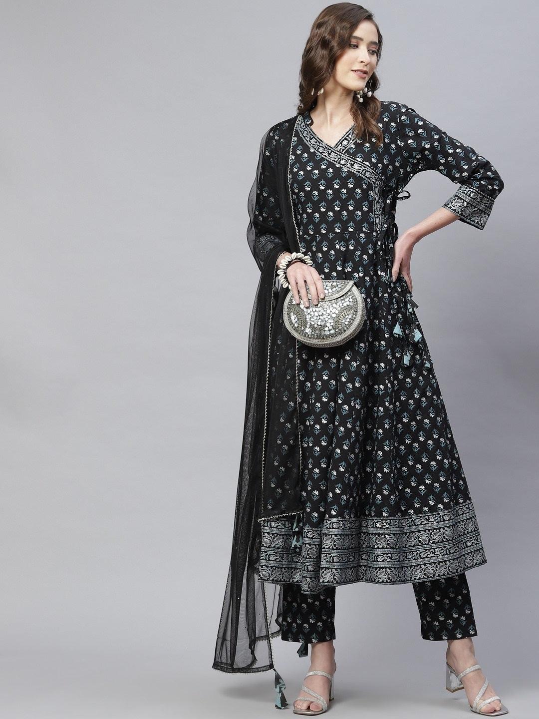 Women's Black Anarkali Kurta Pant set with Net Dupatta - Taantav