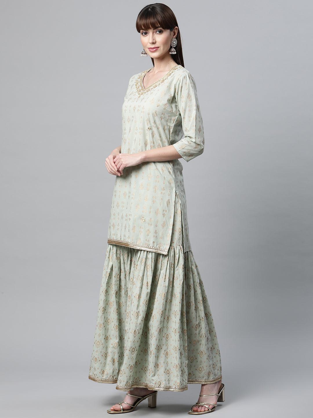 Women's Sea Green Golden Printed Kurta Sharara set with Dupatta - Taantav