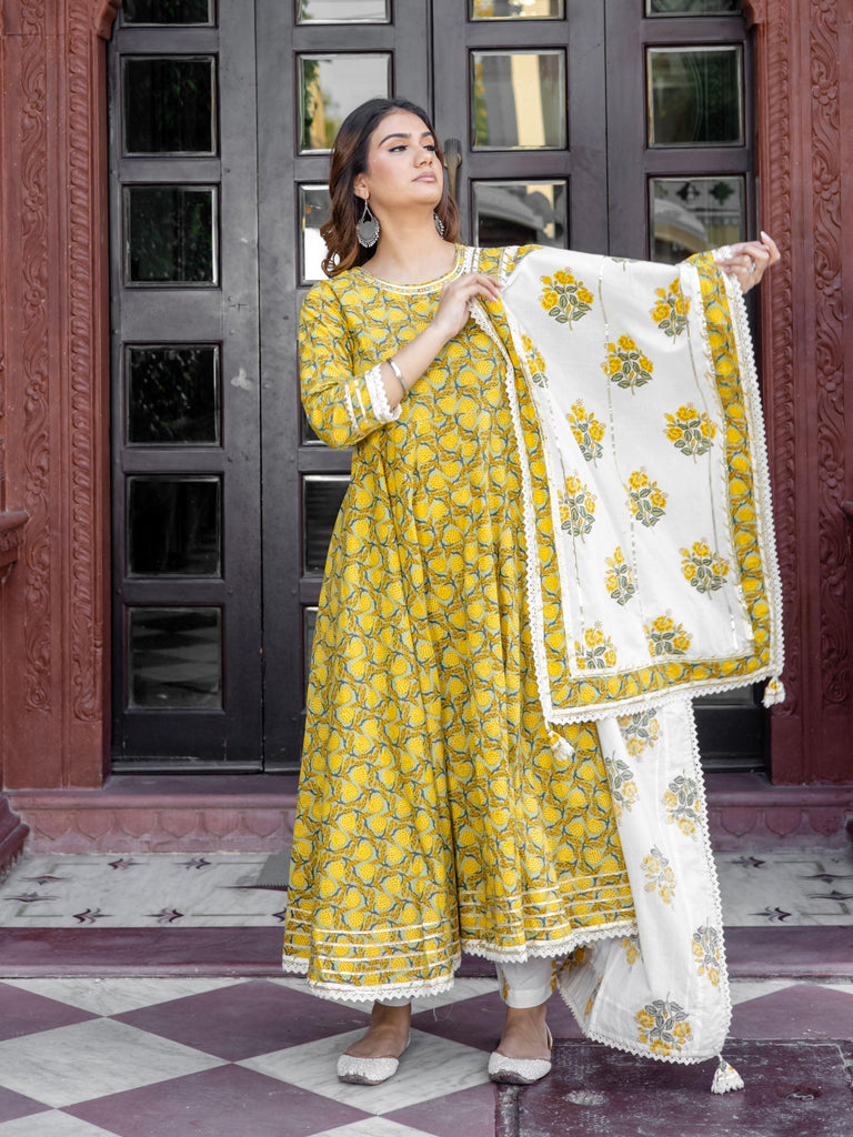 Women's Mustard Cotton Anarkali Kurta Pant Set With Dupatta