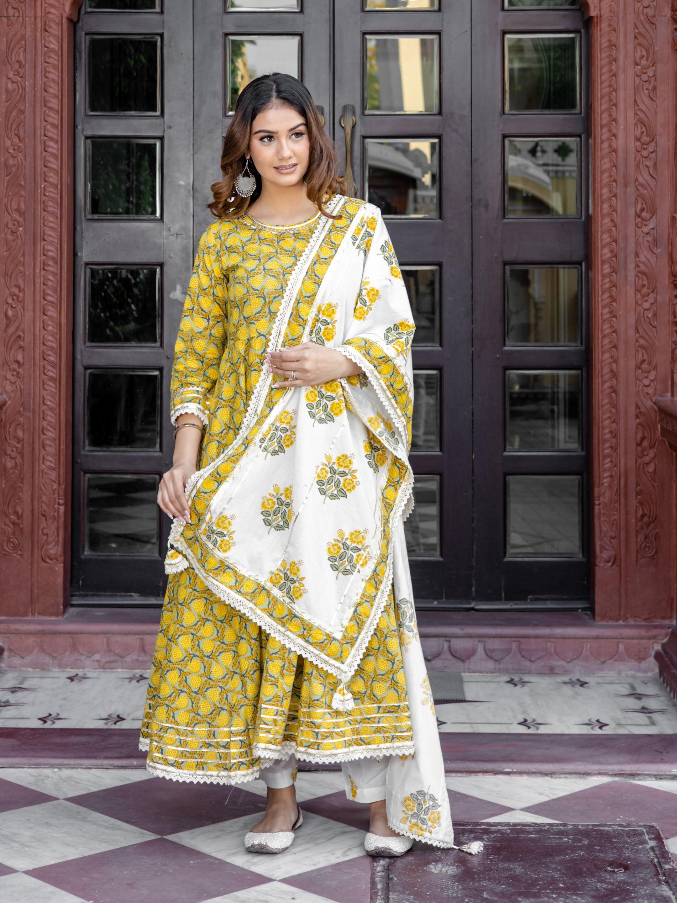 Women's Mustard Cotton Anarkali Kurta Pant Set With Dupatta - Taantav