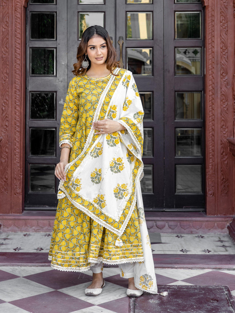 Women's Mustard Cotton Anarkali Kurta Pant Set With Dupatta