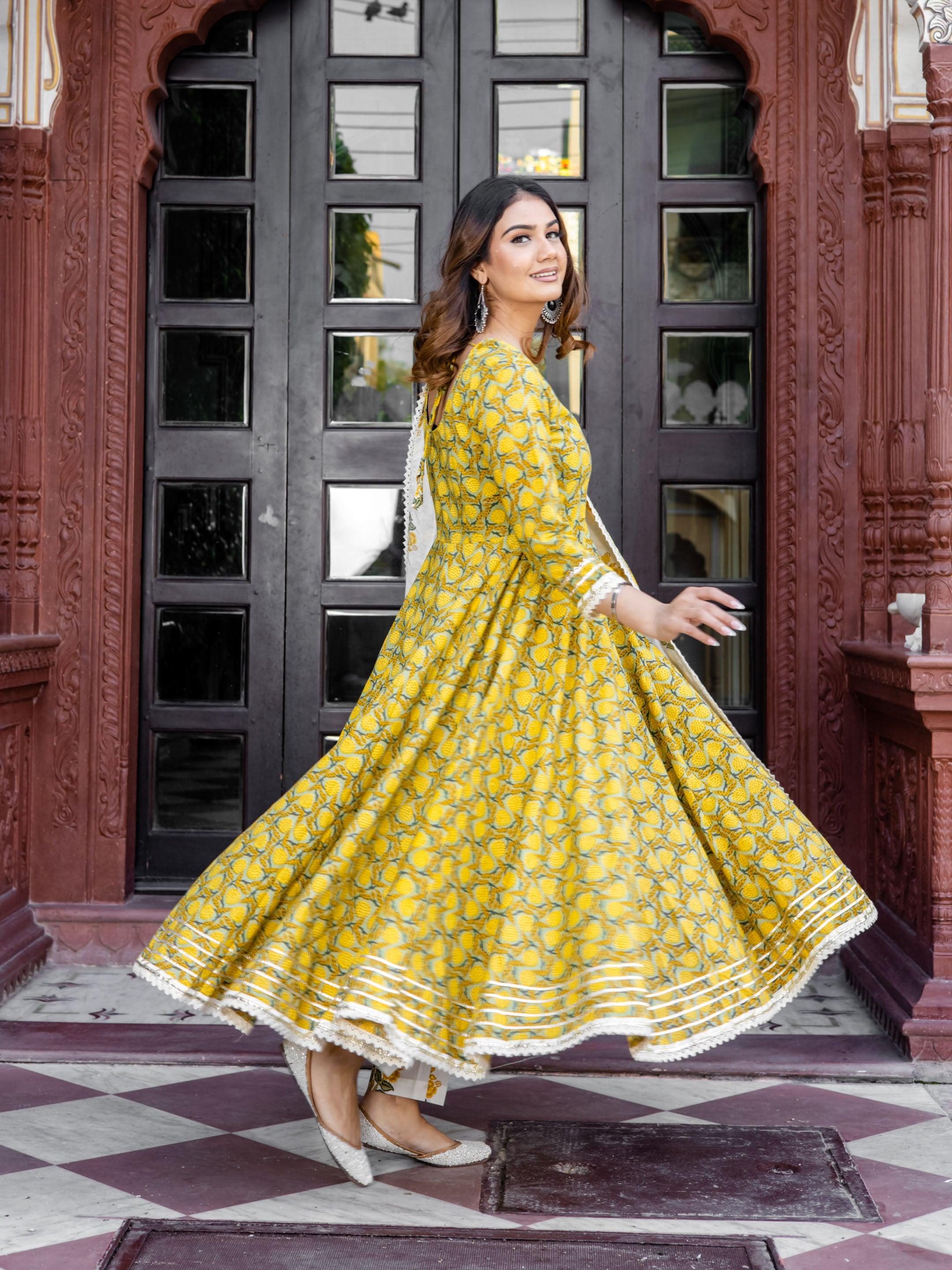 Women's Mustard Cotton Anarkali Kurta Pant Set With Dupatta - Taantav