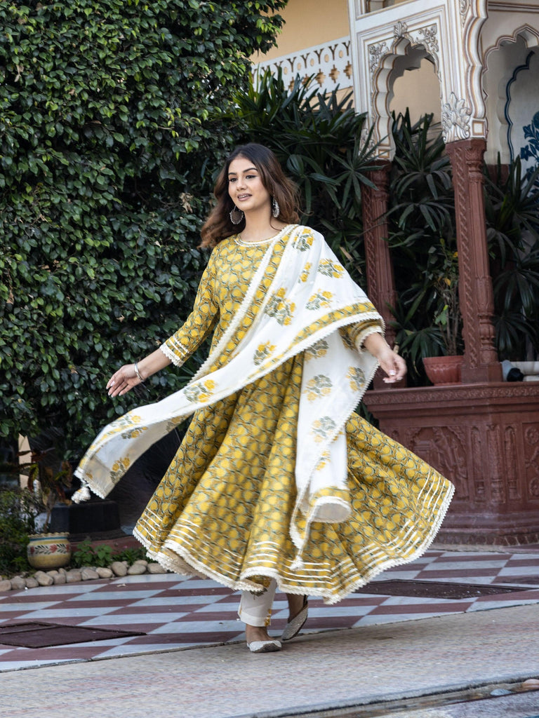 Women's Mustard Cotton Anarkali Kurta Pant Set With Dupatta