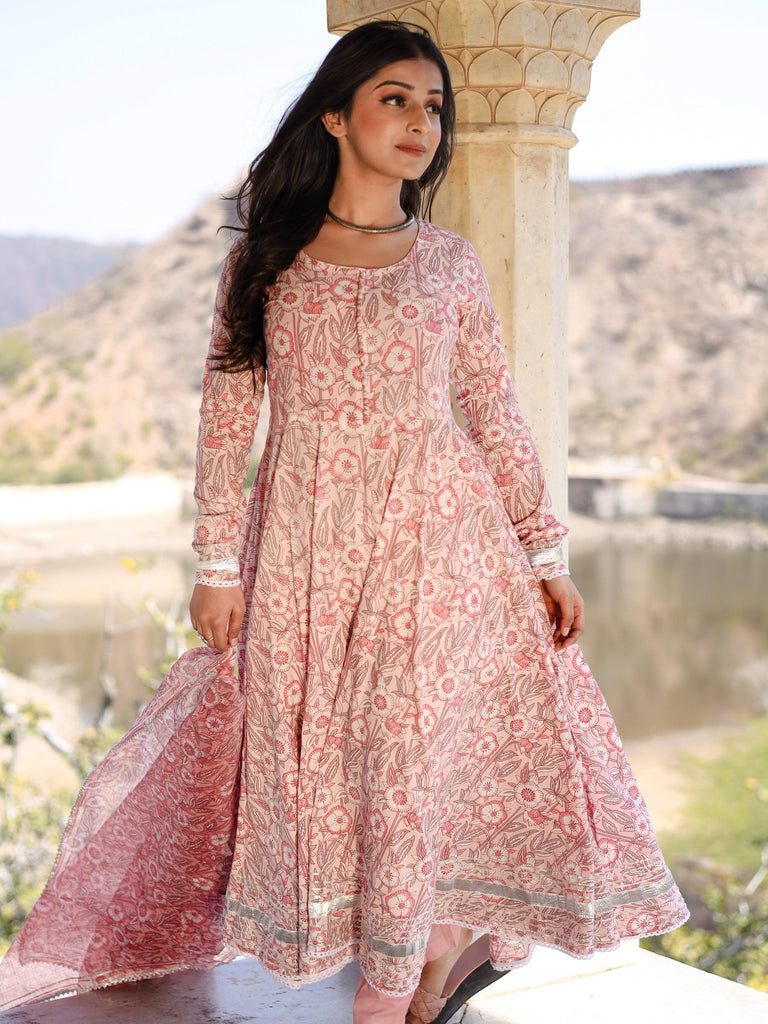 Women's Baby Pink Cotton Anarkali Kurta Pant Set With Dupatta