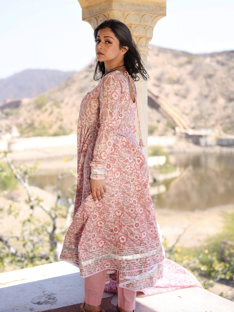 Women's Baby Pink Cotton Anarkali Kurta Pant Set With Dupatta