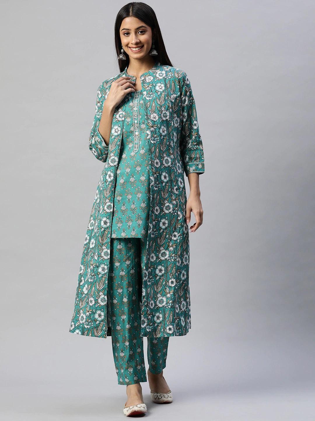 Women's Green Cotton Floral Printed Three Piece Indowestern Kurta Pant Set with Jacket - Taantav