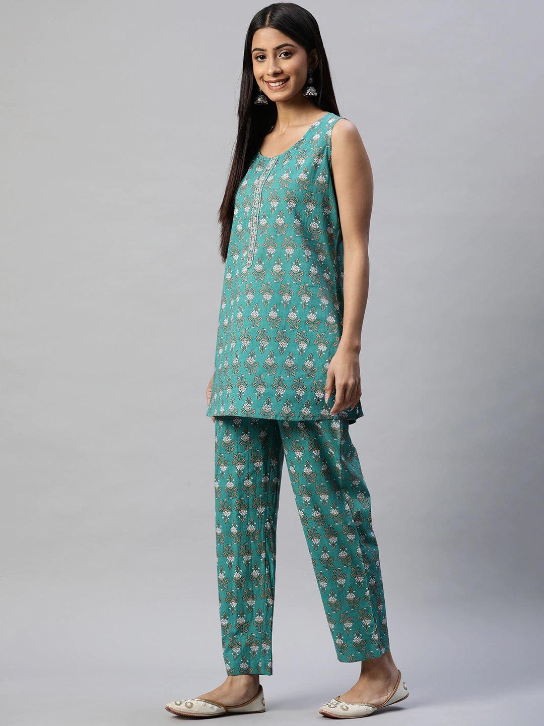 Women's Green Cotton Floral Printed Three Piece Indowestern Kurta Pant Set with Jacket - Taantav