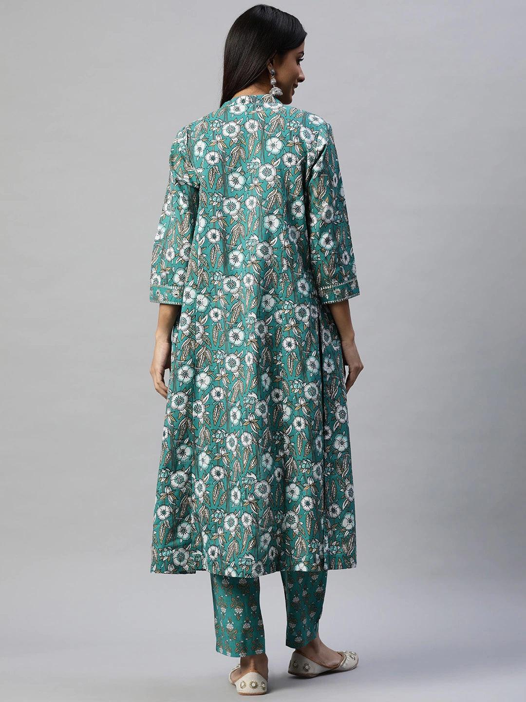 Women's Green Cotton Floral Printed Three Piece Indowestern Kurta Pant Set with Jacket - Taantav