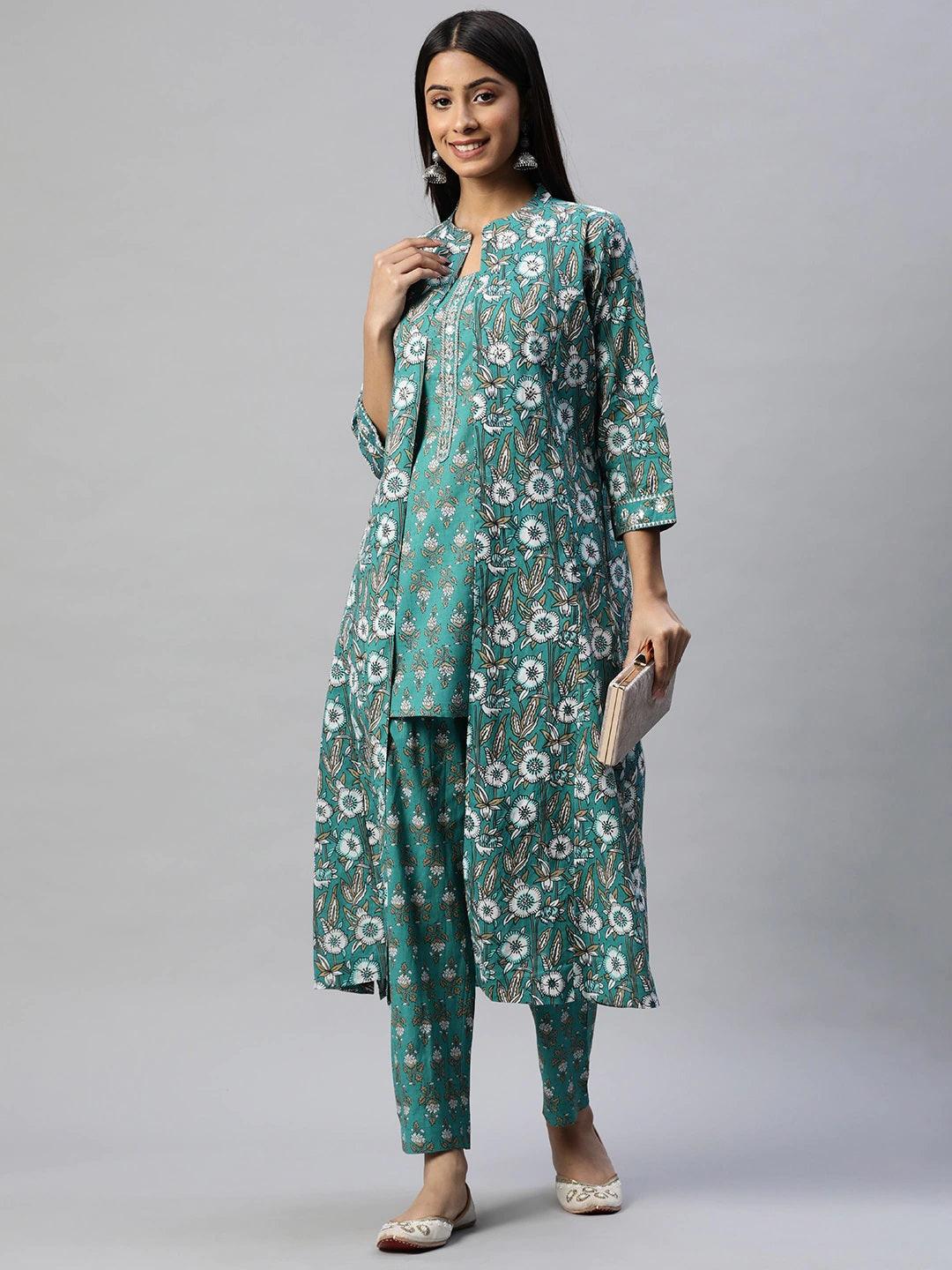 Women's Green Cotton Floral Printed Three Piece Indowestern Kurta Pant Set with Jacket - Taantav