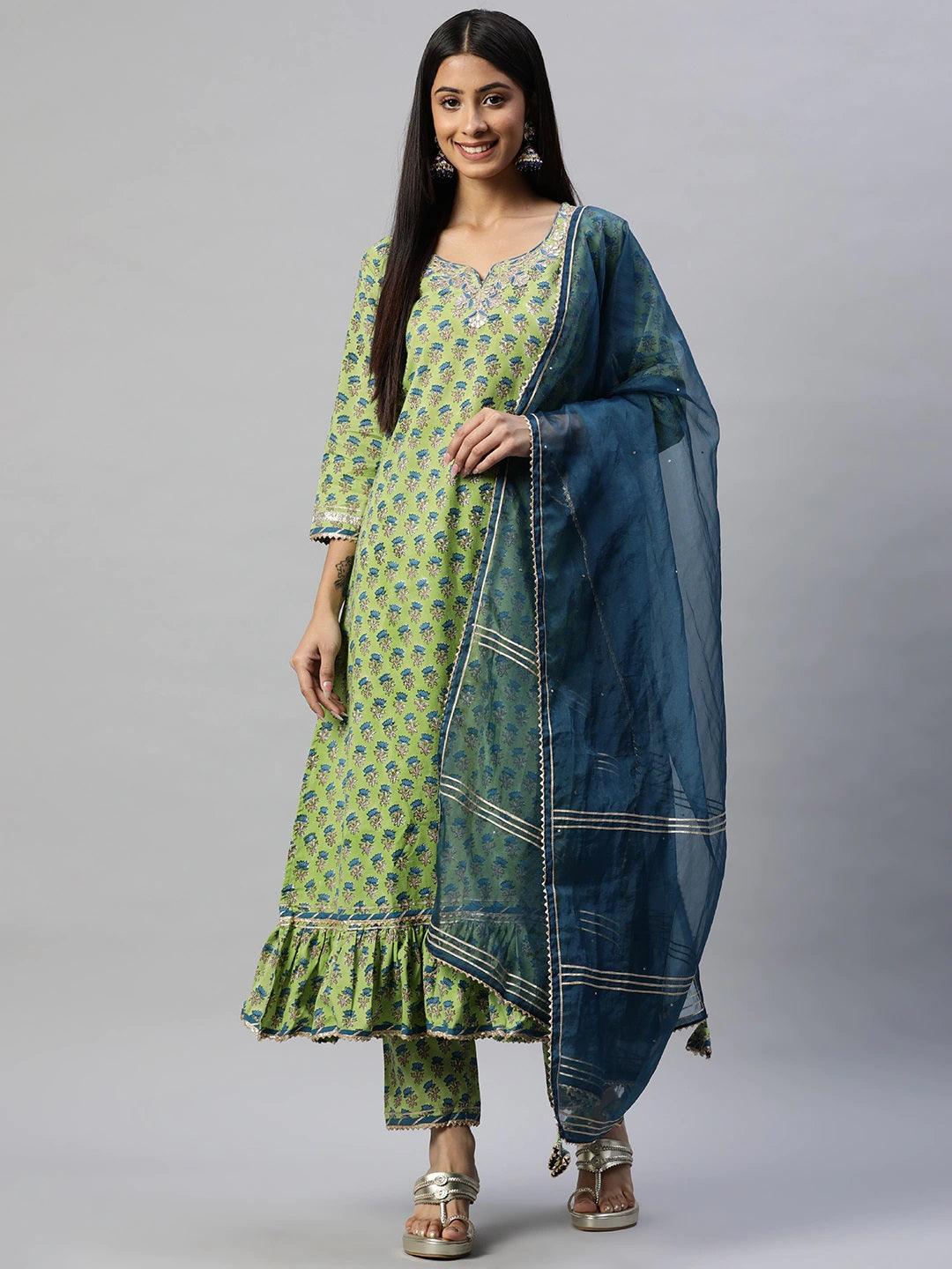 Women's Green Cotton Hand Block Printed Kurta Pant set with Dupatta - Taantav