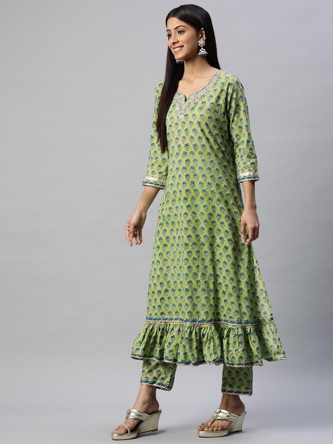 Women's Green Cotton Hand Block Printed Kurta Pant set with Dupatta - Taantav