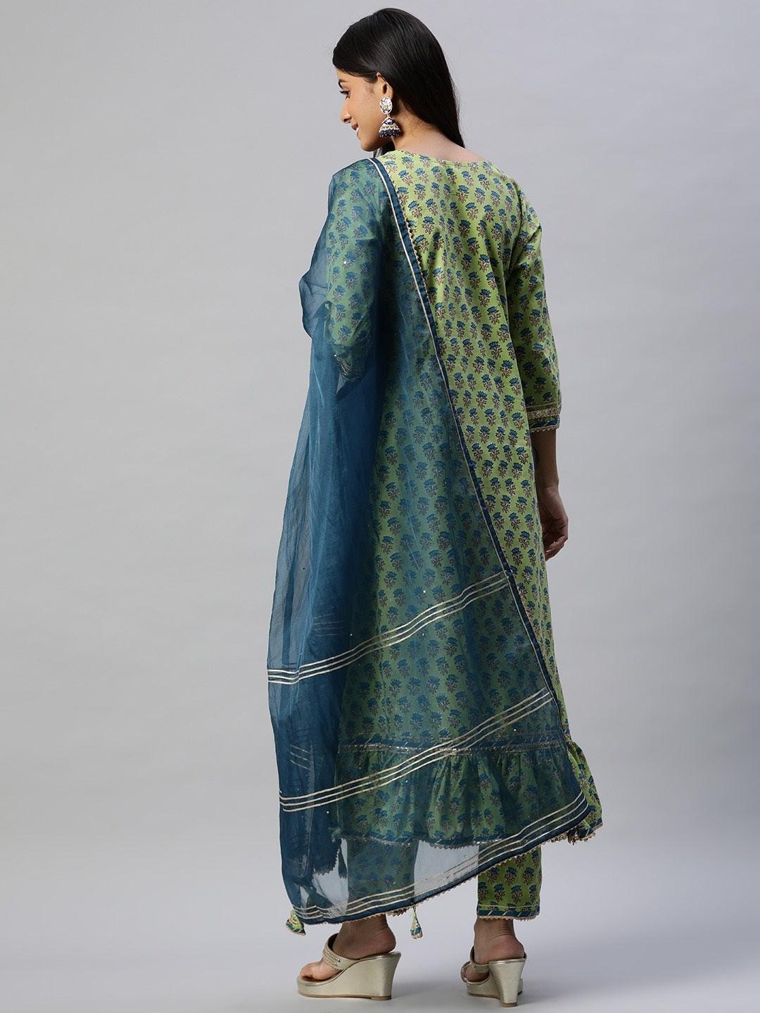 Women's Green Cotton Hand Block Printed Kurta Pant set with Dupatta - Taantav