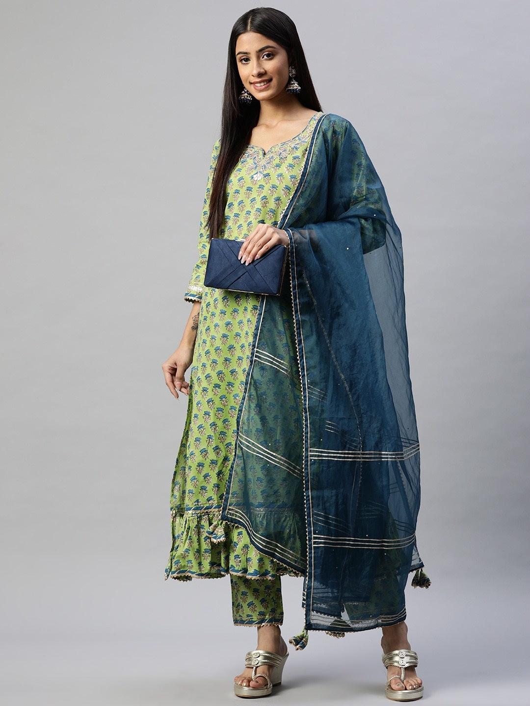 Women's Green Cotton Hand Block Printed Kurta Pant set with Dupatta - Taantav