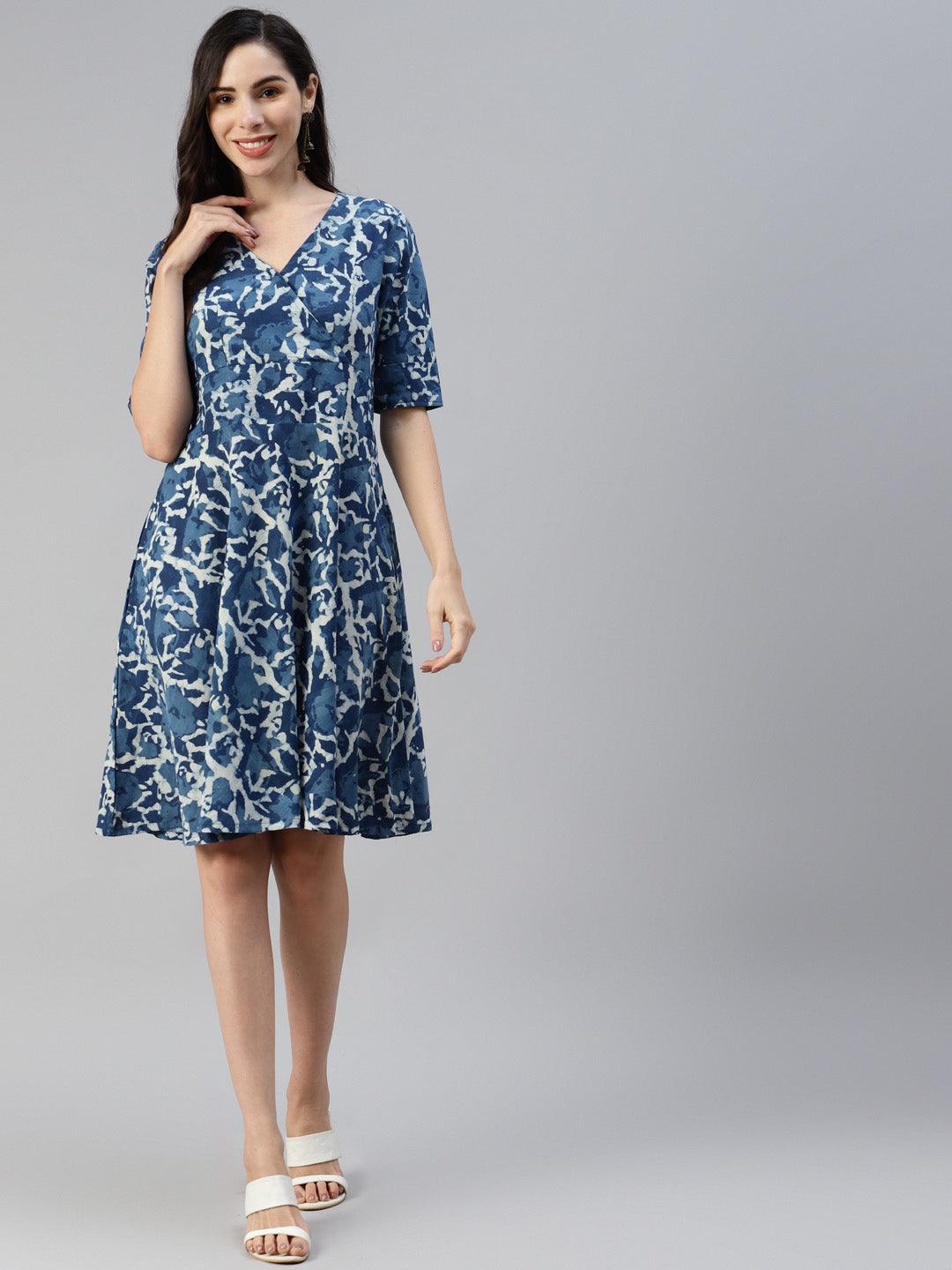 Women's Indigo Hand Block Printed Short Dress - Taantav