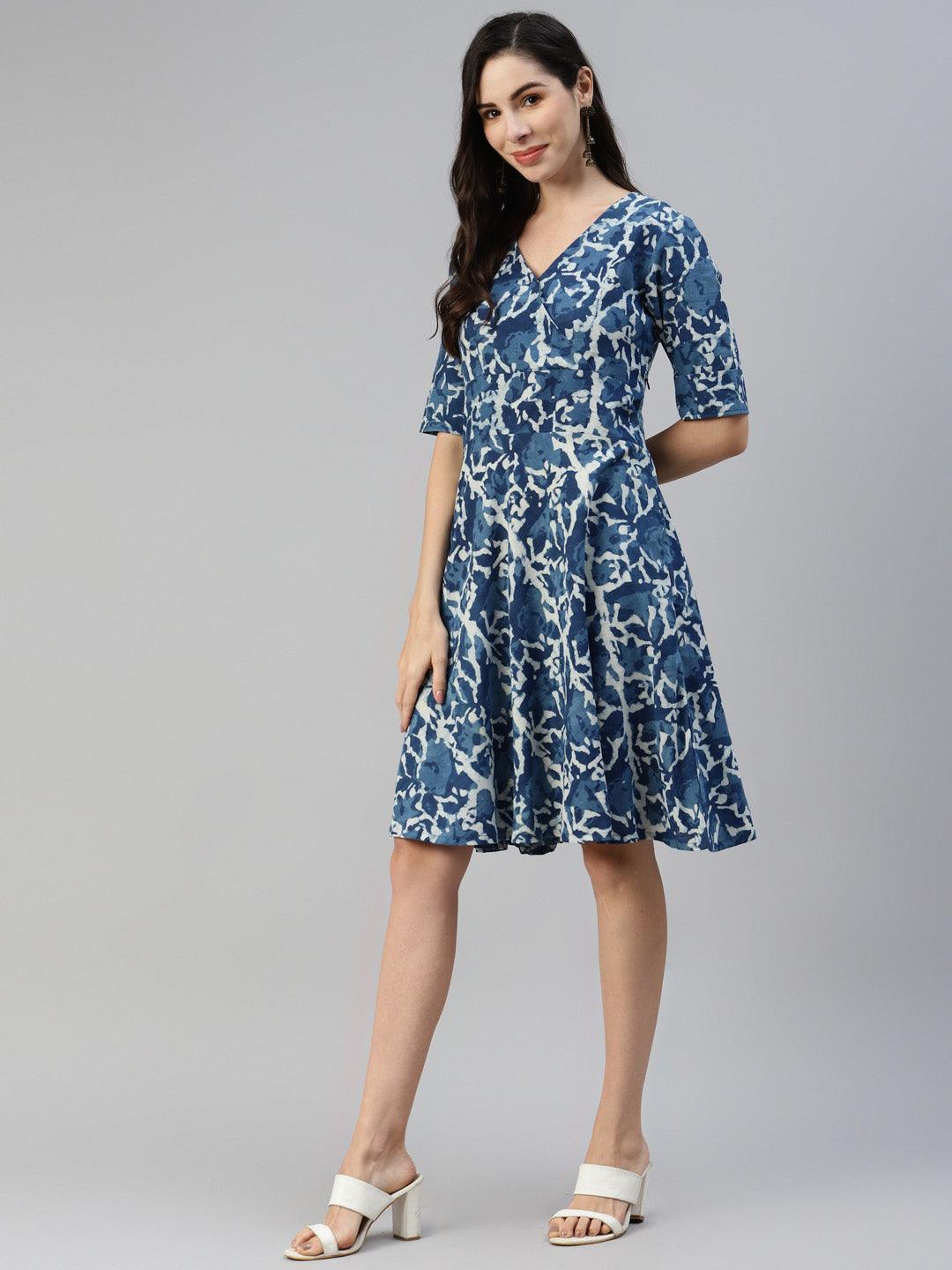 Women's Indigo Hand Block Printed Short Dress - Taantav