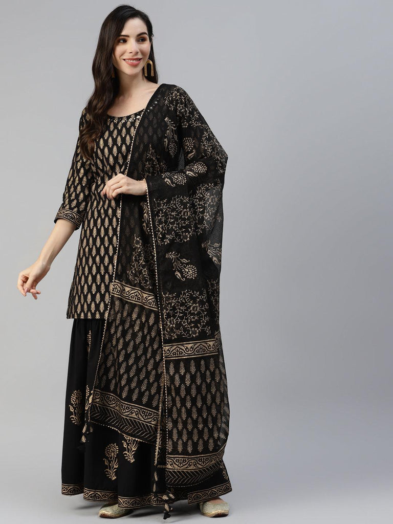 Women's Black Gold Printed Cotton Kurta Sharara Set with Dupatta