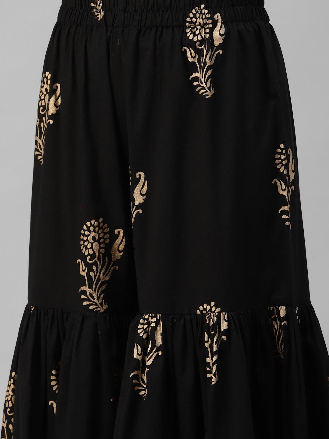 Women's Black Gold Printed Cotton Kurta Sharara Set with Dupatta - Taantav