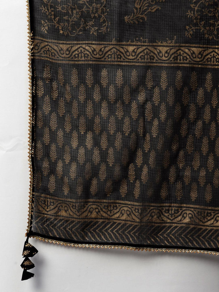 Women's Black Gold Printed Cotton Kurta Sharara Set with Dupatta