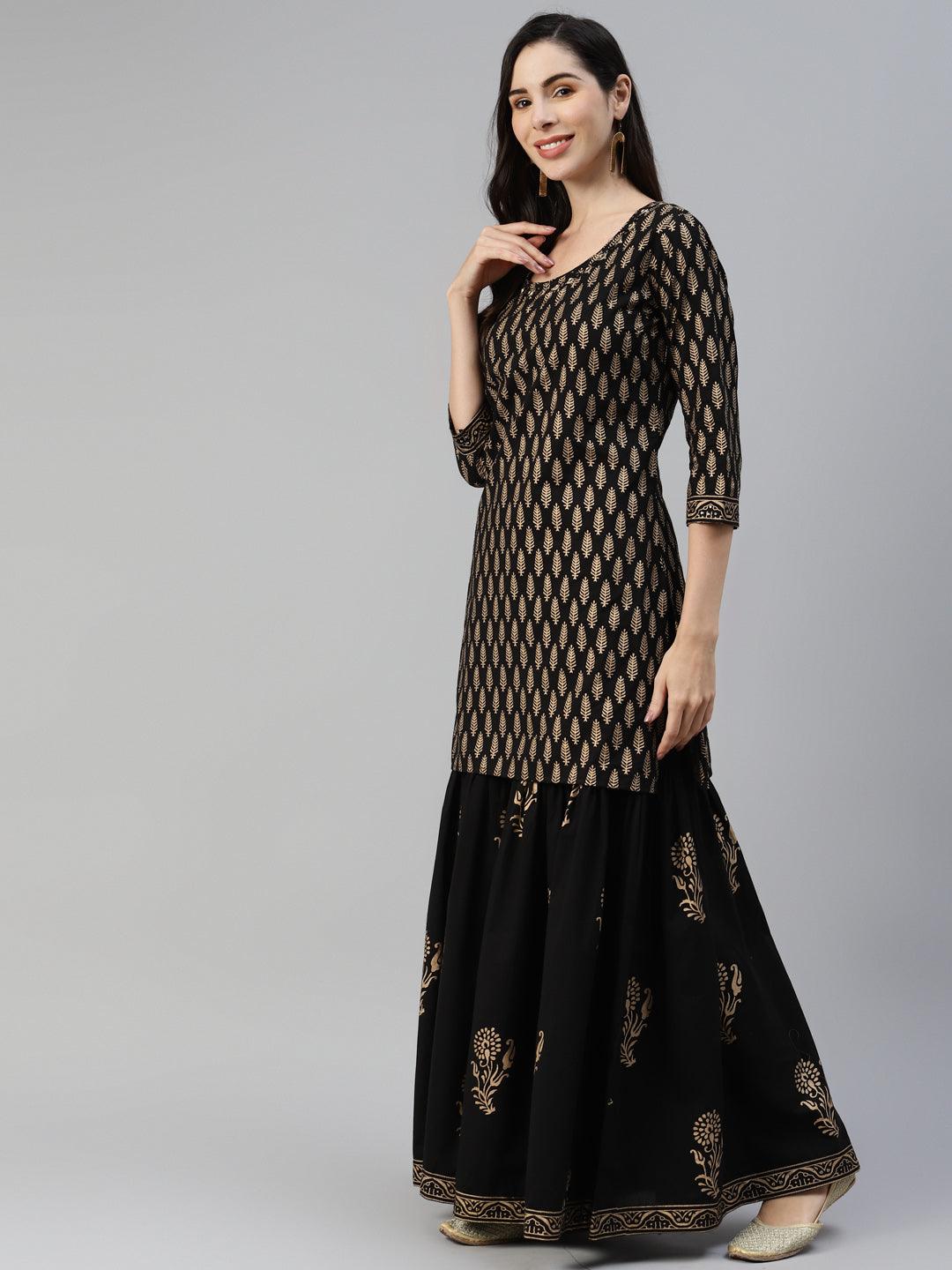 Women's Black Gold Printed Cotton Kurta Sharara Set with Dupatta - Taantav