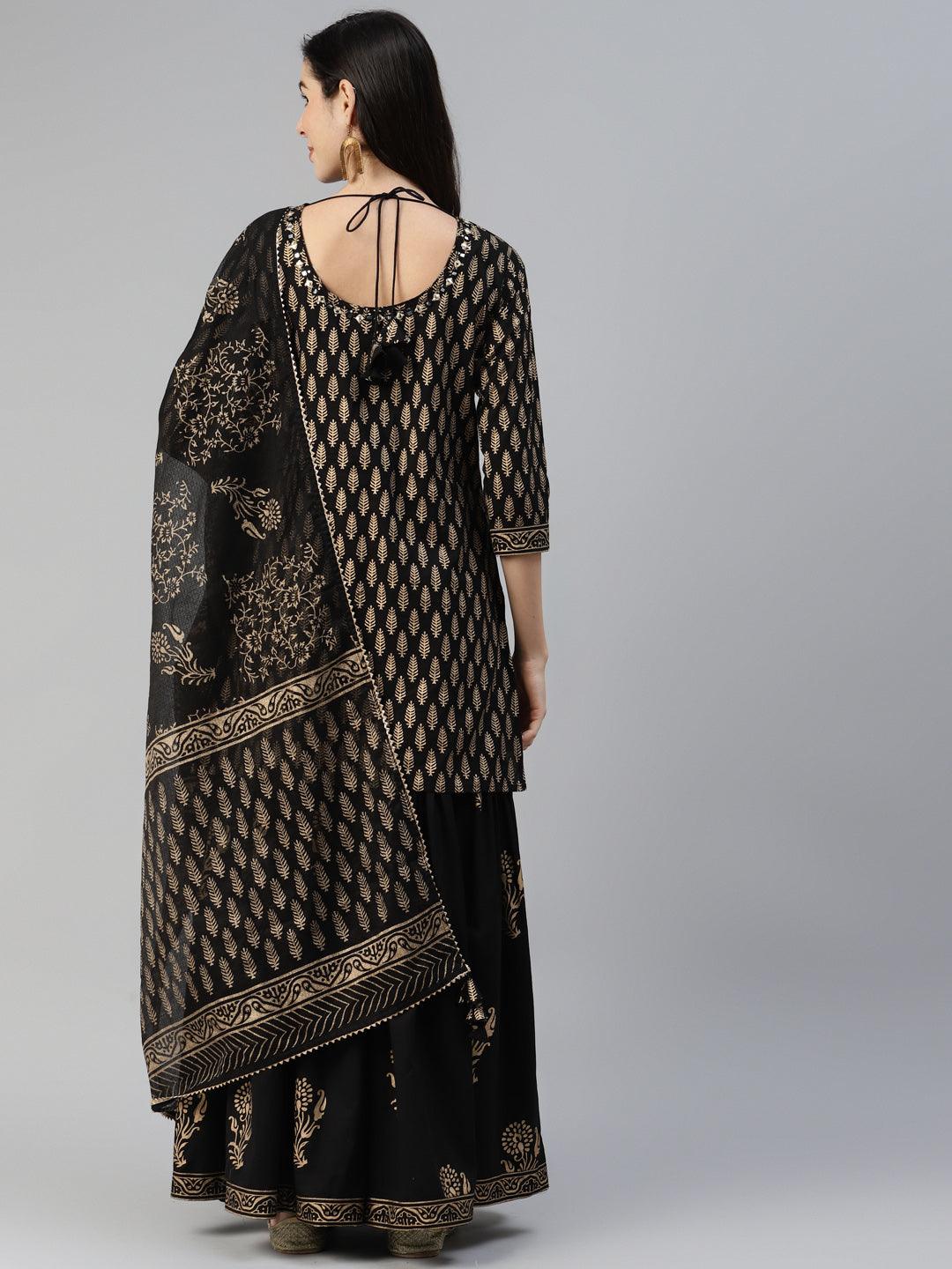 Women's Black Gold Printed Cotton Kurta Sharara Set with Dupatta - Taantav