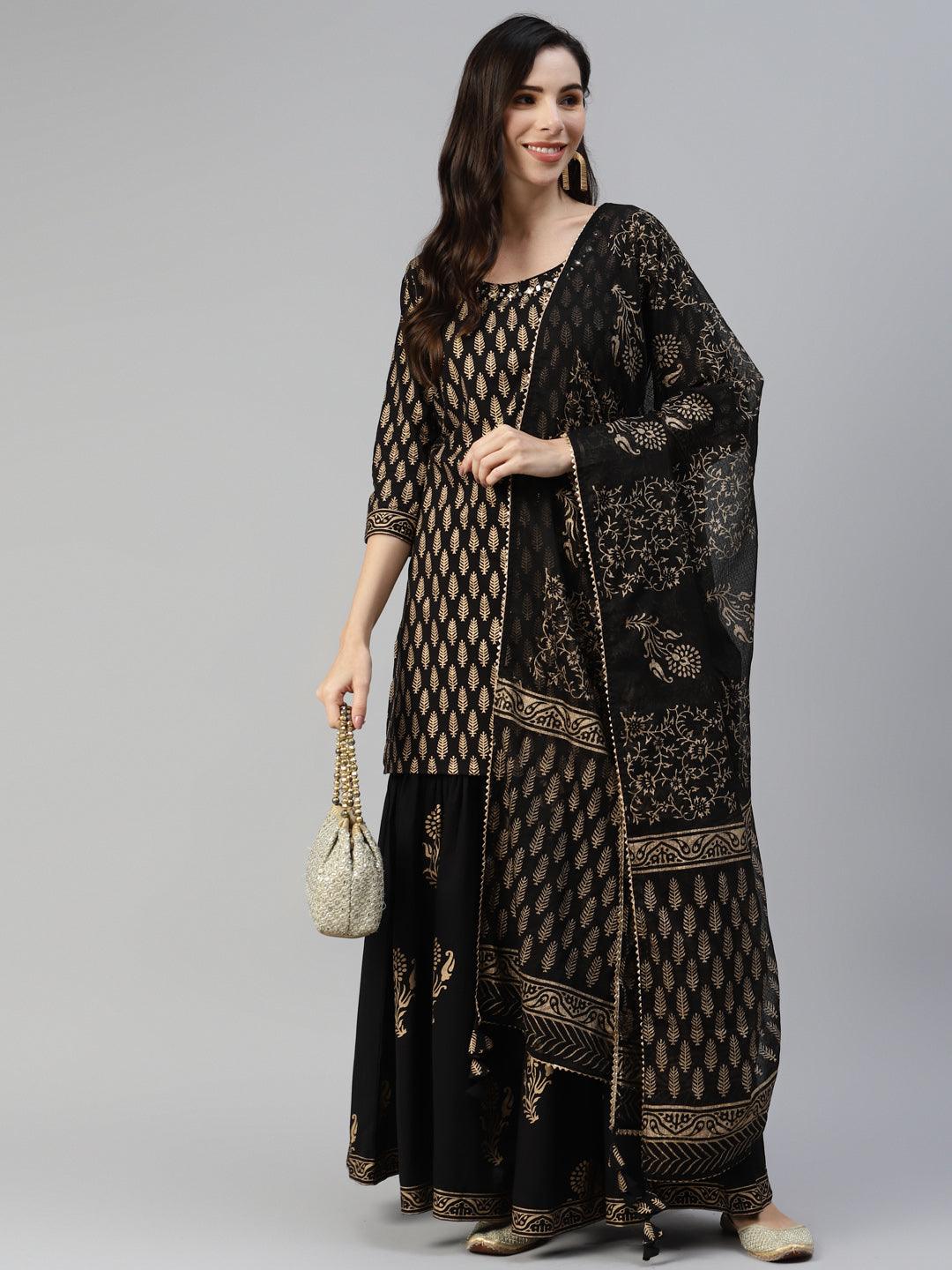 Women's Black Gold Printed Cotton Kurta Sharara Set with Dupatta - Taantav