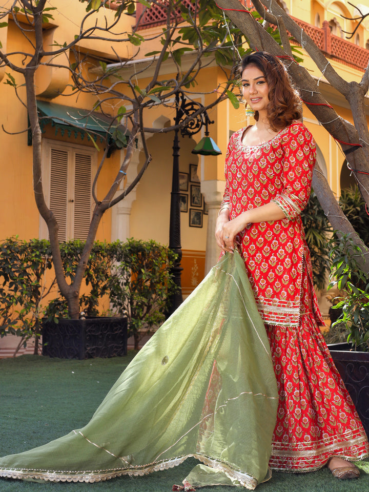 Women's Red Cotton Dabu Printed Kurta Sharara Set with Kota Doria Dupatta