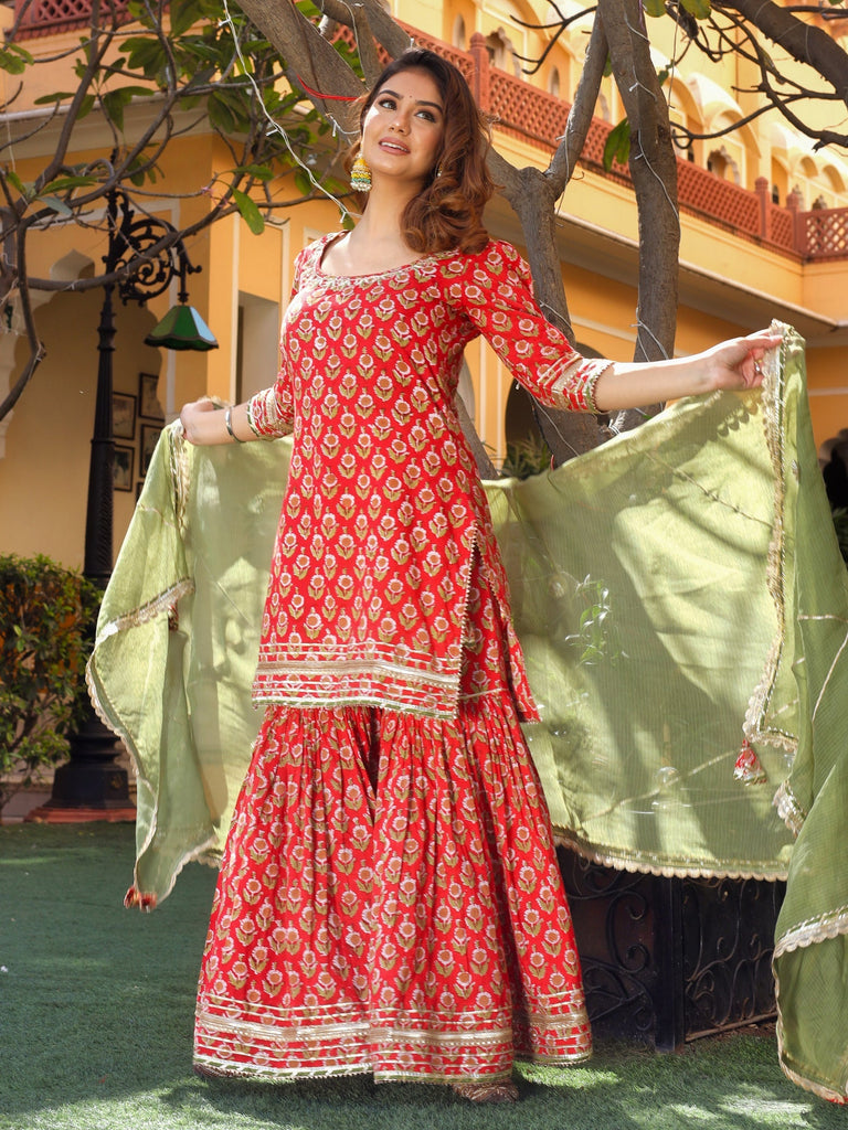 Women's Red Cotton Dabu Printed Kurta Sharara Set with Kota Doria Dupatta
