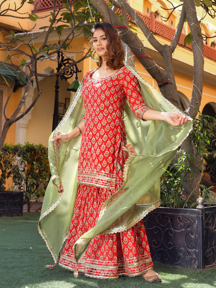 Women's Red Cotton Dabu Printed Kurta Sharara Set with Kota Doria Dupatta