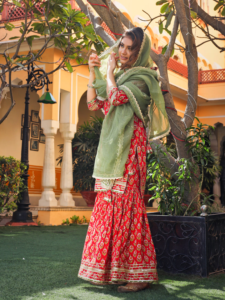 Women's Red Cotton Dabu Printed Kurta Sharara Set with Kota Doria Dupatta
