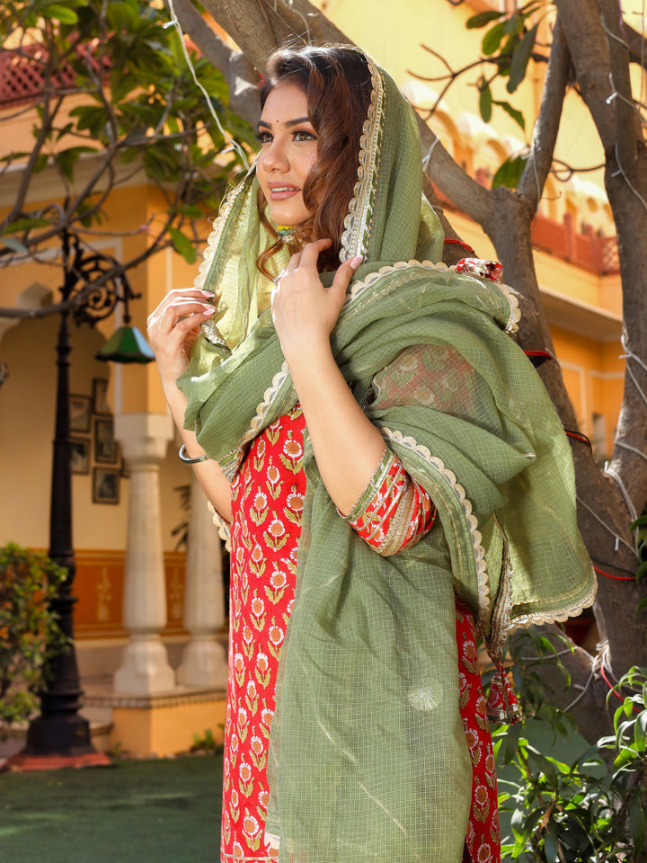Women's Red Cotton Dabu Printed Kurta Sharara Set with Kota Doria Dupatta