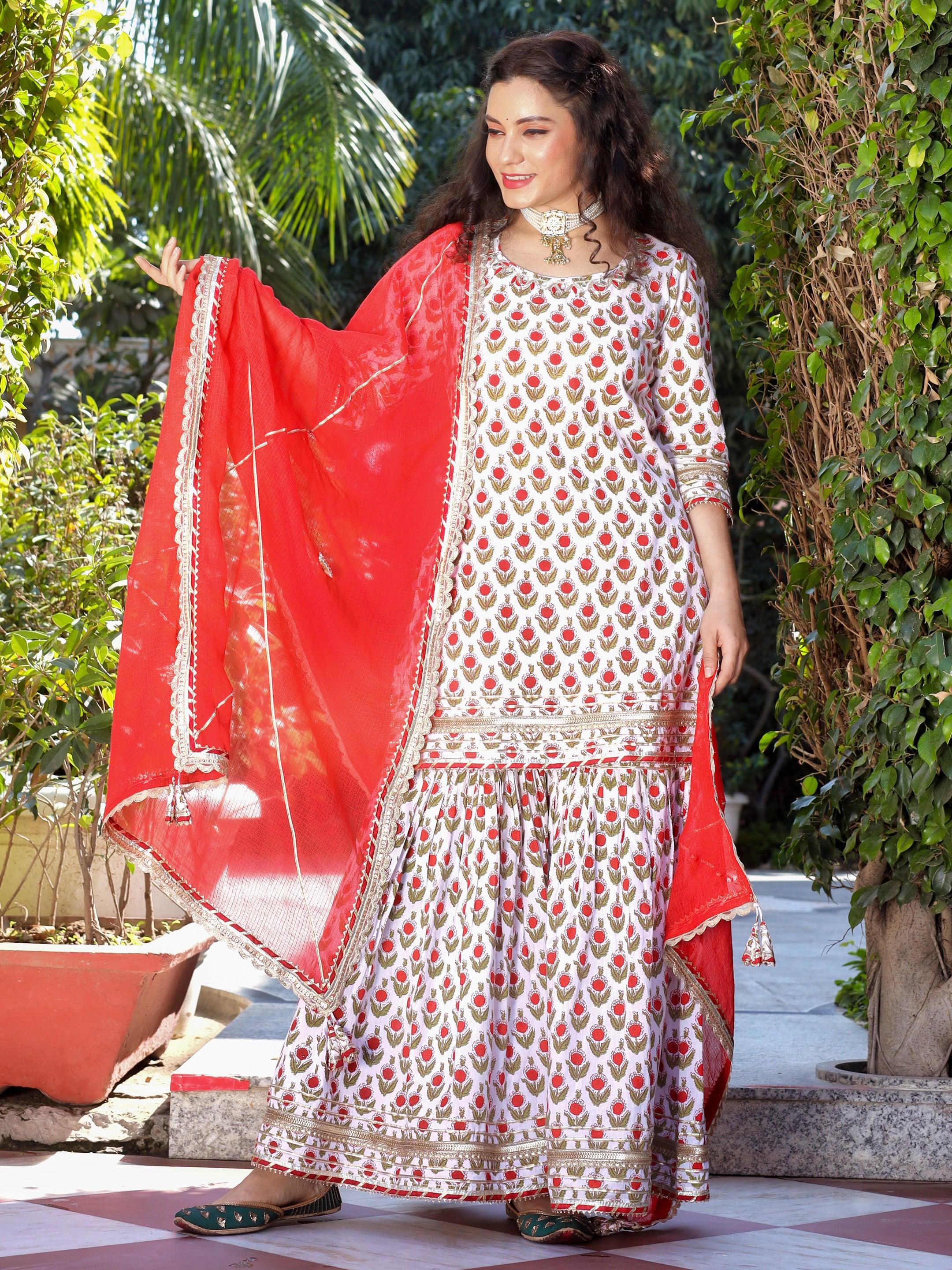 Women's Red & White Cotton Dabu Printed Kurta Sharara Set with Kota Doria Dupatta - Taantav