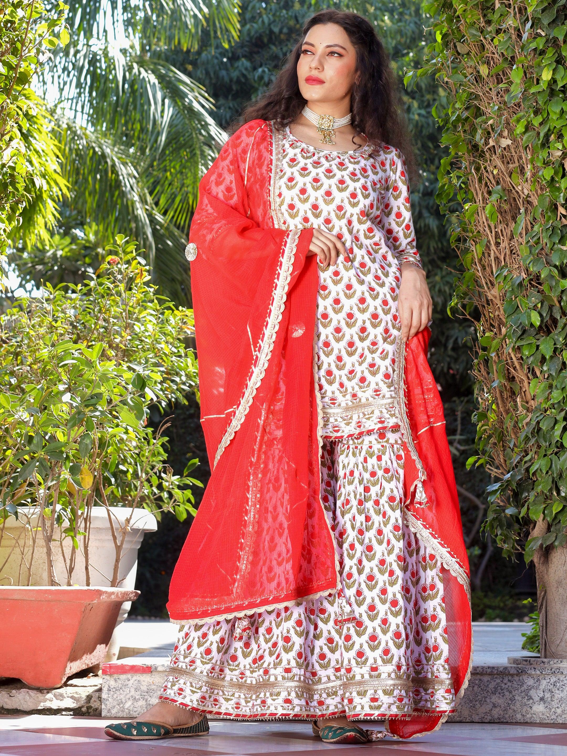 Women's Red & White Cotton Dabu Printed Kurta Sharara Set with Kota Doria Dupatta - Taantav