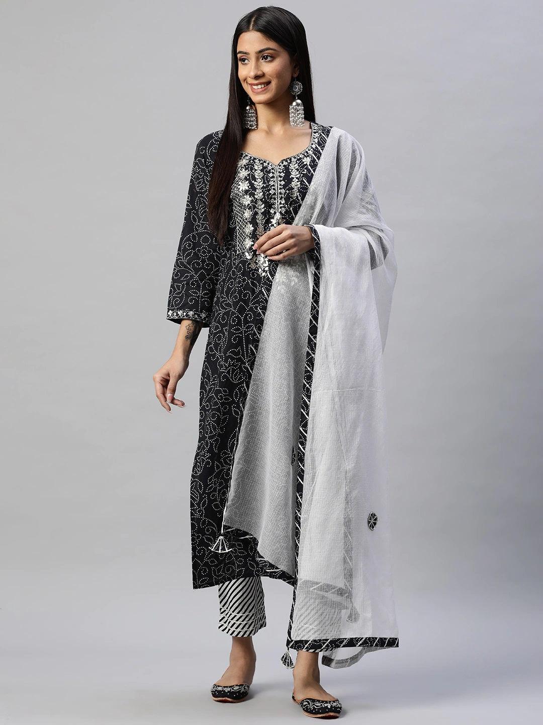 Women's Black and White Cotton Kurta Pant Set With Dupatta