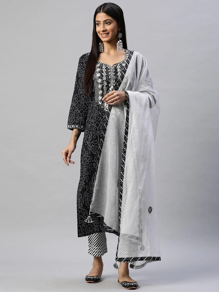 Women's Black and White Cotton Kurta Pant Set With Dupatta
