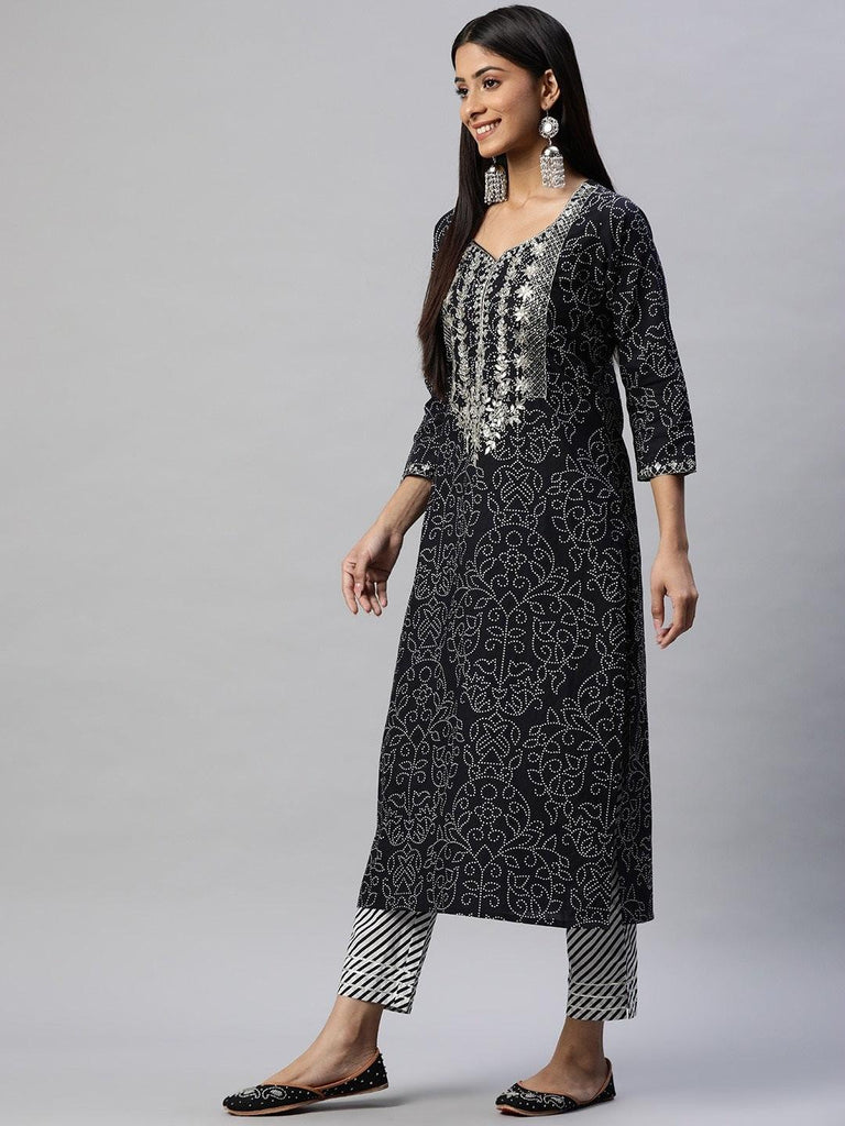 Women's Black and White Cotton Kurta Pant Set With Dupatta