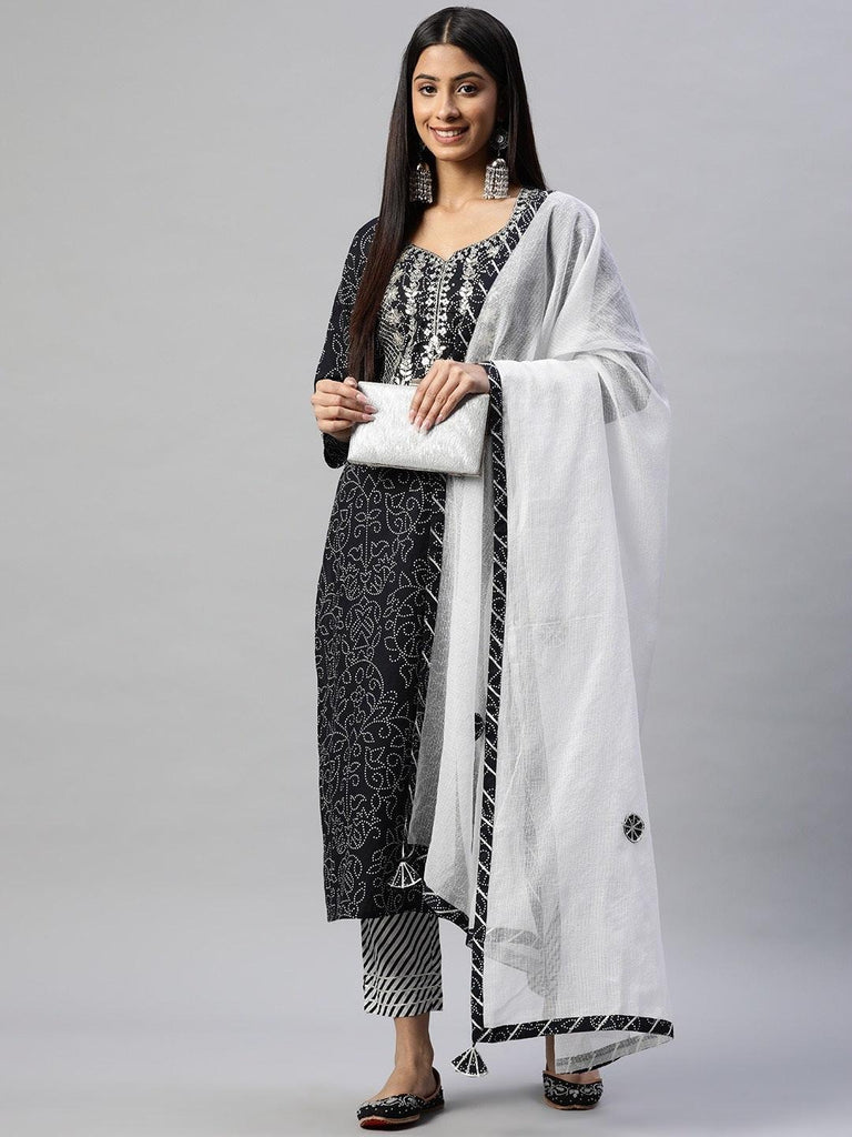 Women's Black and White Cotton Kurta Pant Set With Dupatta