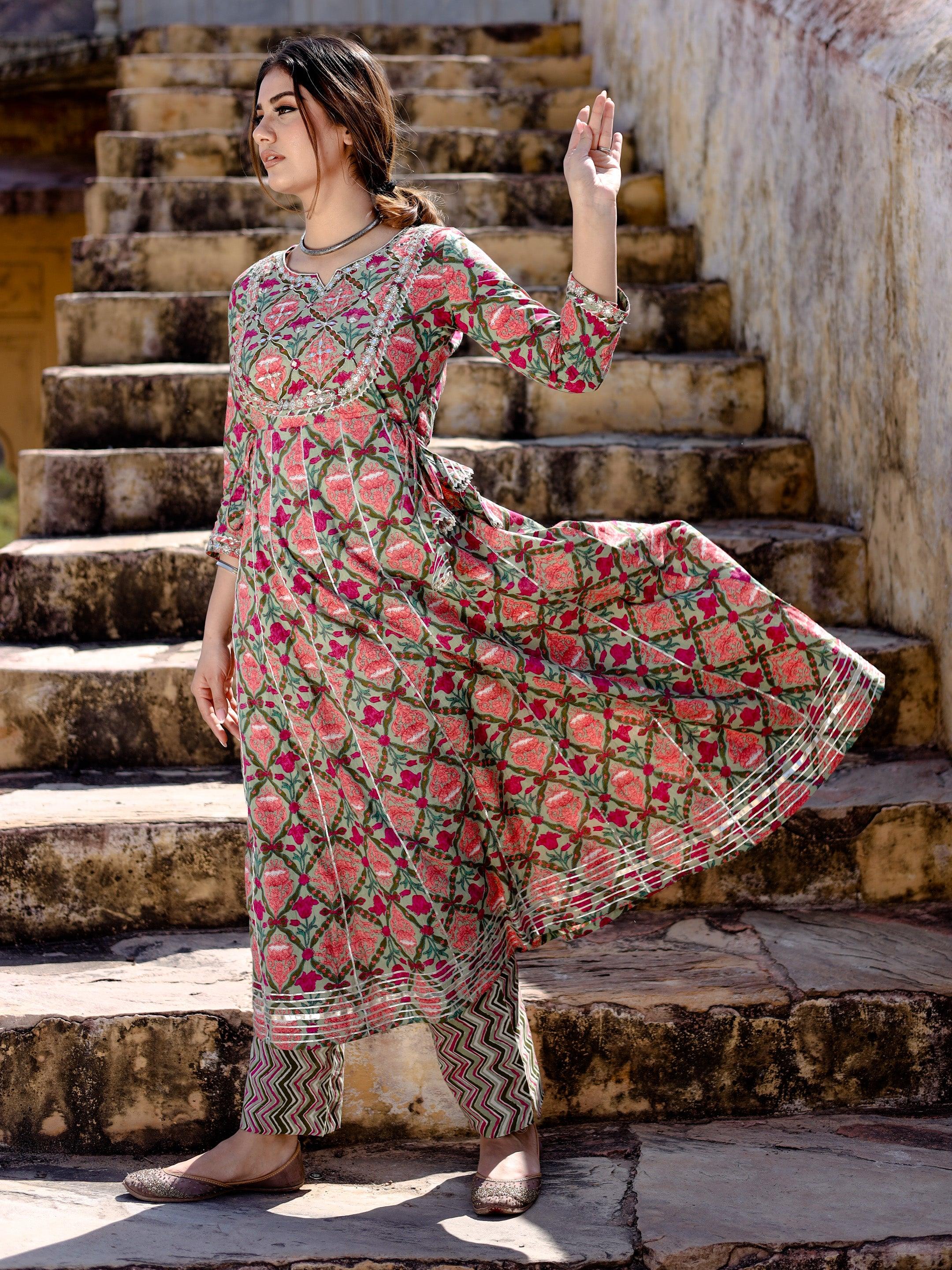 Women's Green Floral Printed Anarkali Kurta Pant Sets - Taantav