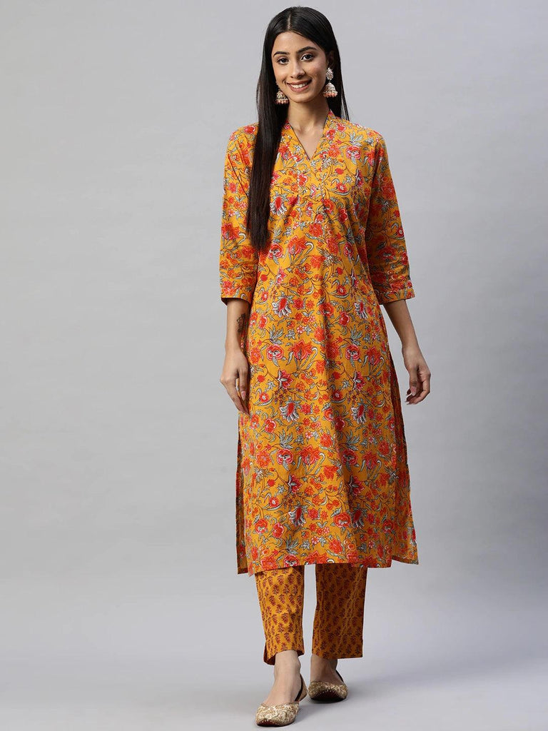 Women's Mustard Cotton Floral Printed Kurta Pant Set