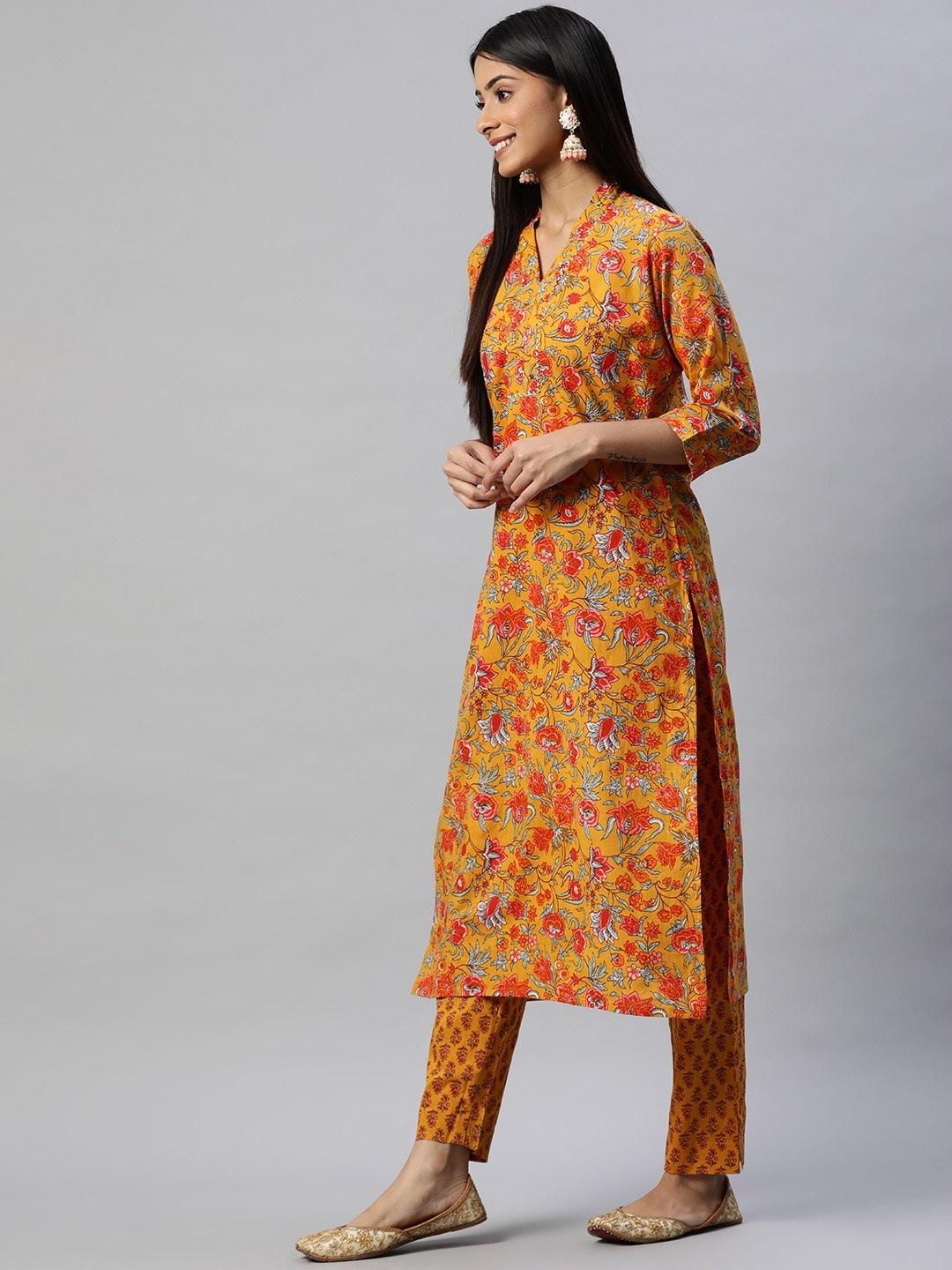 Women's Mustard Cotton Floral Printed Kurta Pant Set - Taantav