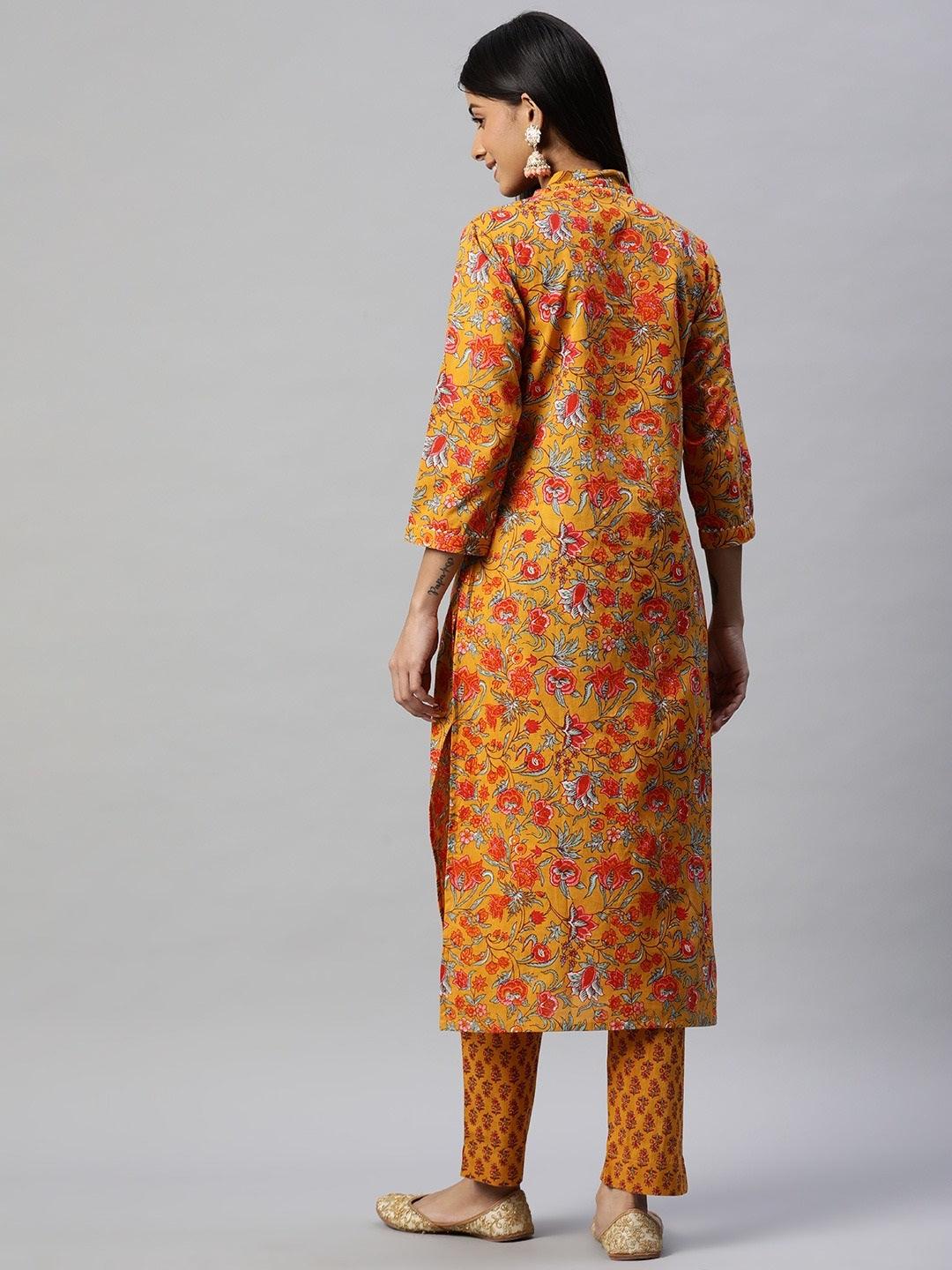 Women's Mustard Cotton Floral Printed Kurta Pant Set - Taantav