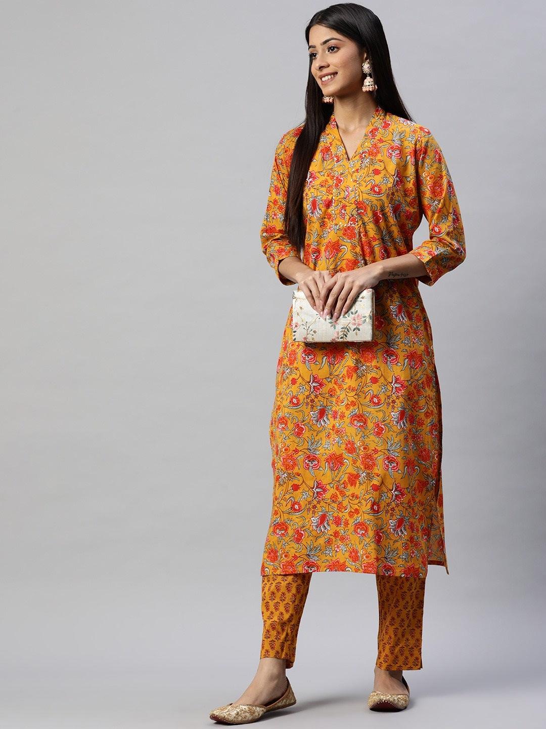 Women's Mustard Cotton Floral Printed Kurta Pant Set - Taantav