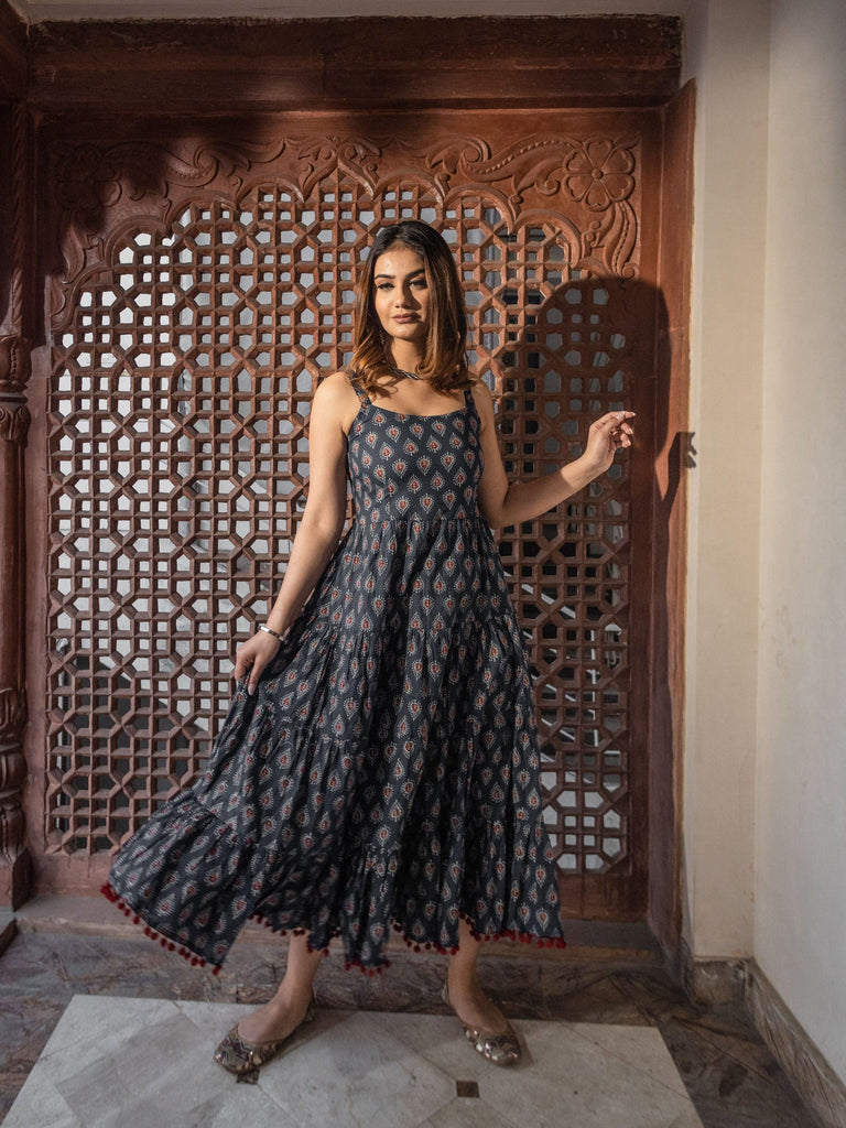 Women's Navy Blue Buti Printed Shoulder Strip Long dress