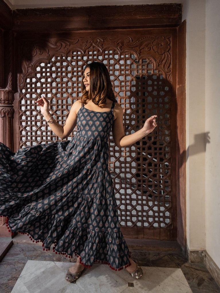 Women's Navy Blue Buti Printed Shoulder Strip Long dress