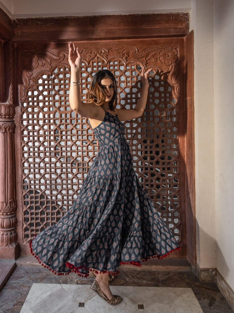 Women's Navy Blue Buti Printed Shoulder Strip Long dress