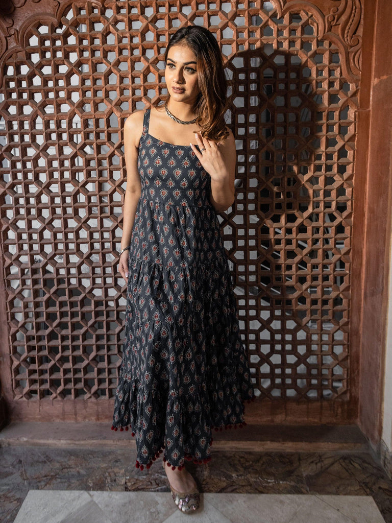 Women's Navy Blue Buti Printed Shoulder Strip Long dress